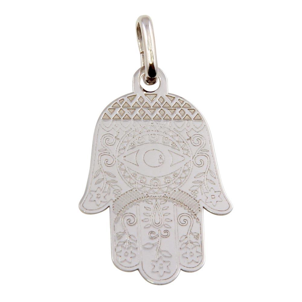 Rhodium Plated 925 Sterling Silver Small Hamsa Good Luck Flower Pendant