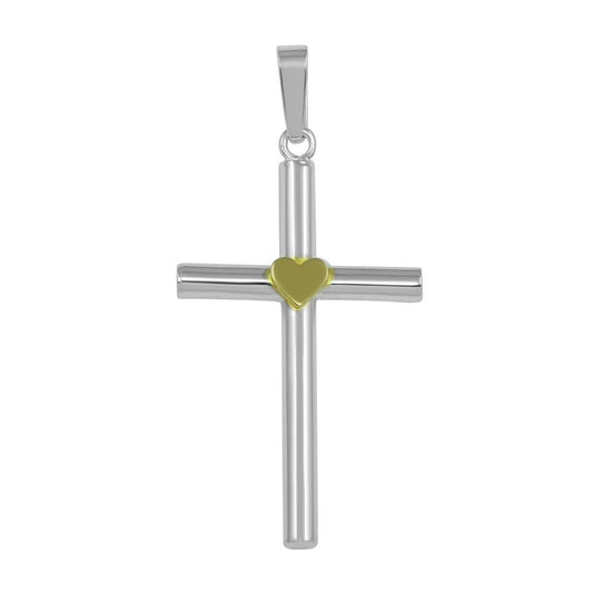 High Polished 925 Sterling Silver Small Cross Pendant with Gold Plated Heart