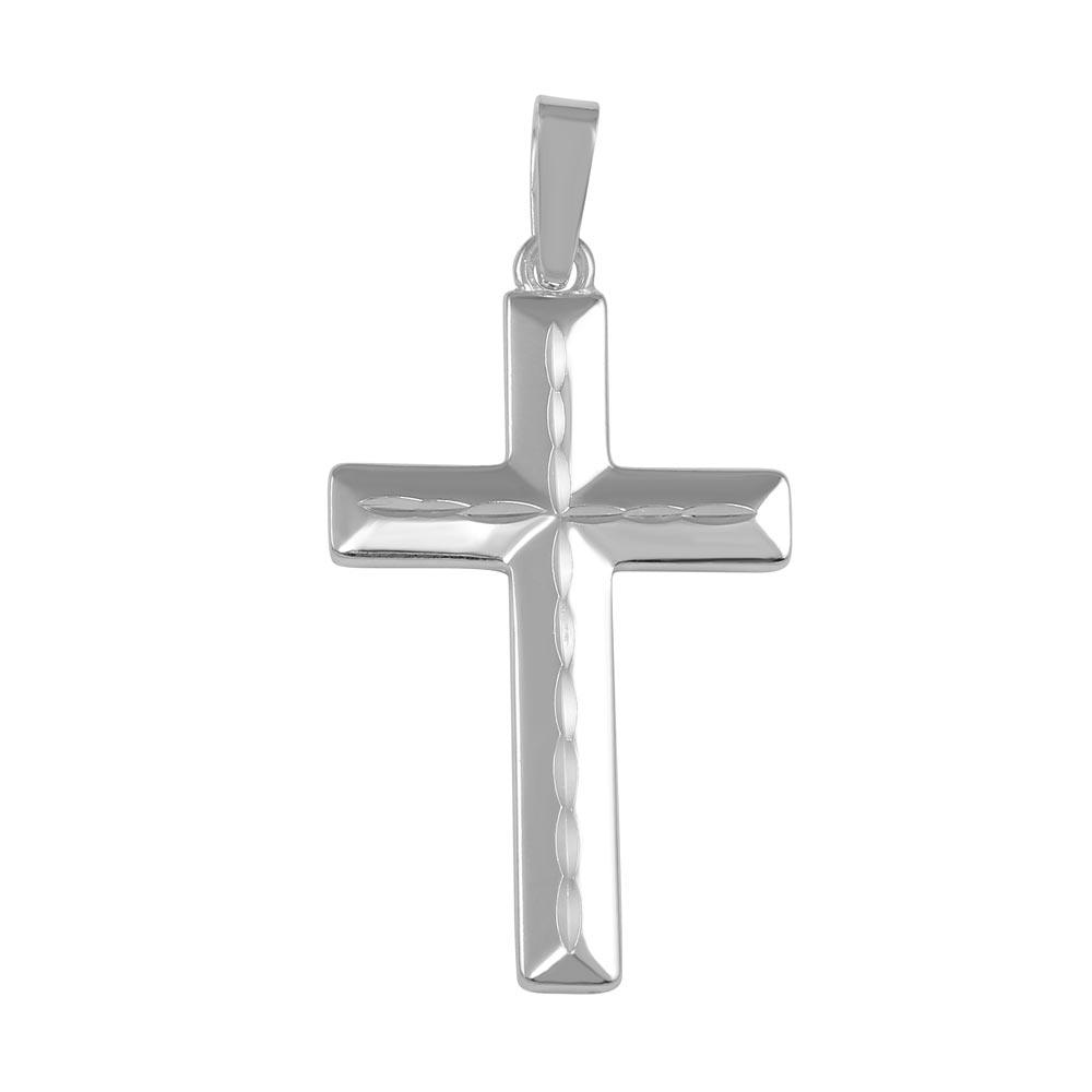 High Polished 925 Sterling Silver Flat Cross Diamond-Cut Christian Pendant