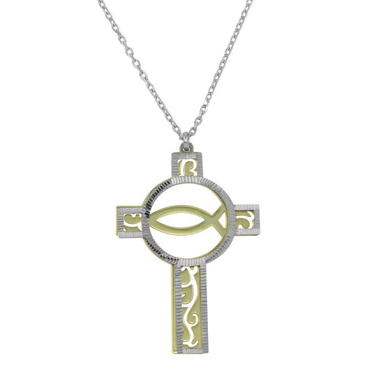 Two-Tone Gold Plated 925 Sterling Silver Fish Ithacus Cross Pendant Necklace
