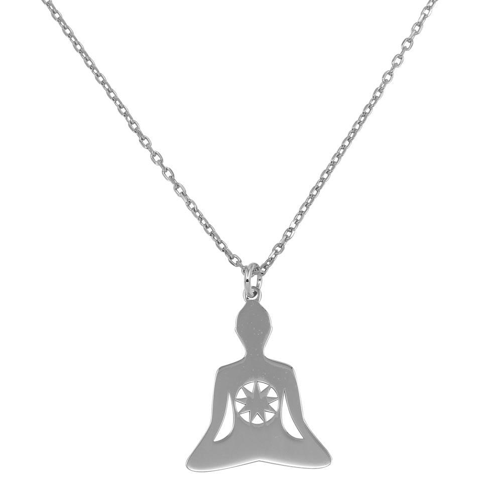 Rhodium Plated 925 Sterling Silver Chakra Symbol Sun Yoga Pendant Necklace
