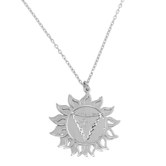 Rhodium Plated 925 Sterling Silver Manipura Chakra Symbol Sun Pendant Necklace