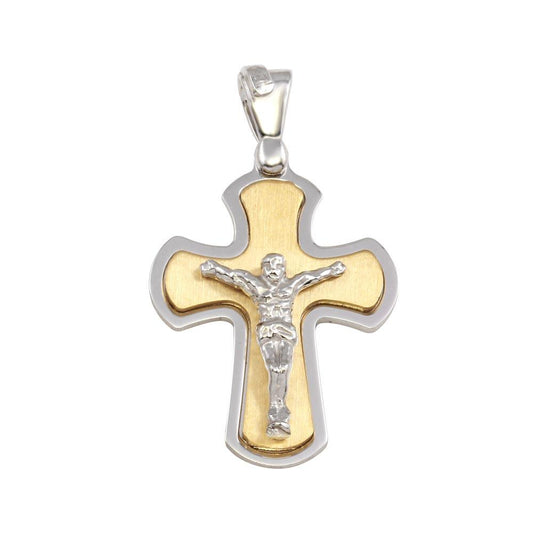 Two-Tone Gold Plated 925 Sterling Silver Small Crucifix Cross Christian Pendant