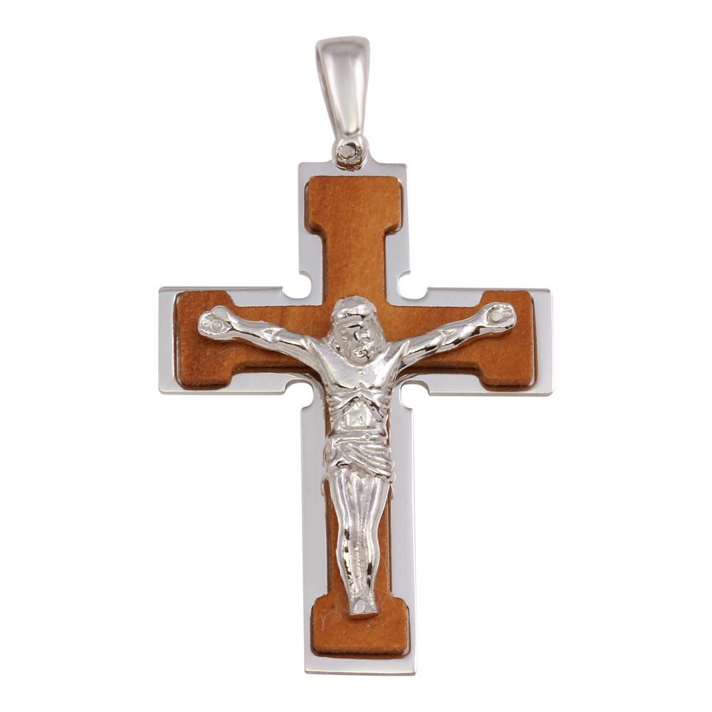 Rhodium Plated 925 Sterling Silver and Wood Crucifix Cross Pendant