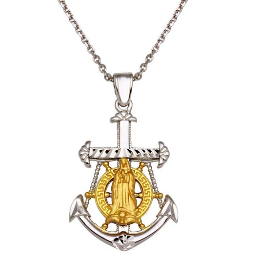 Gold-Tone 925 Sterling Silver Virgin Mary Anchor Nautical Cross Pendant Necklace