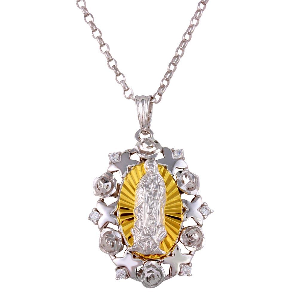 Gold-Tone 925 Sterling Silver Guadalupe Saint CZ Necklace 16" + 2" extension