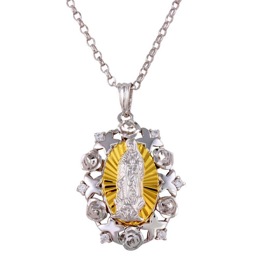Gold-Tone 925 Sterling Silver Guadalupe Saint CZ Necklace 16" + 2" extension