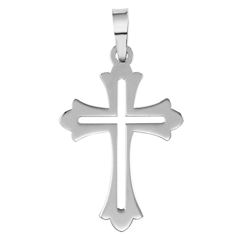 Rhodium Plated 925 Sterling Silver Open Cross Fleur De Lis Christian Pendant