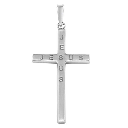 Rhodium Plated 925 Sterling Silver Jesus Engraved Cross Christian Word Pendant