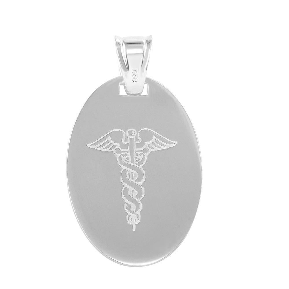 High Polished 925 Sterling Silver Oval Medical Sign Pendant Caduceus Charm
