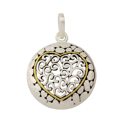 Sterling Silver Matte Finish Heart Center Filigree Disc Promise Filigree Pendant