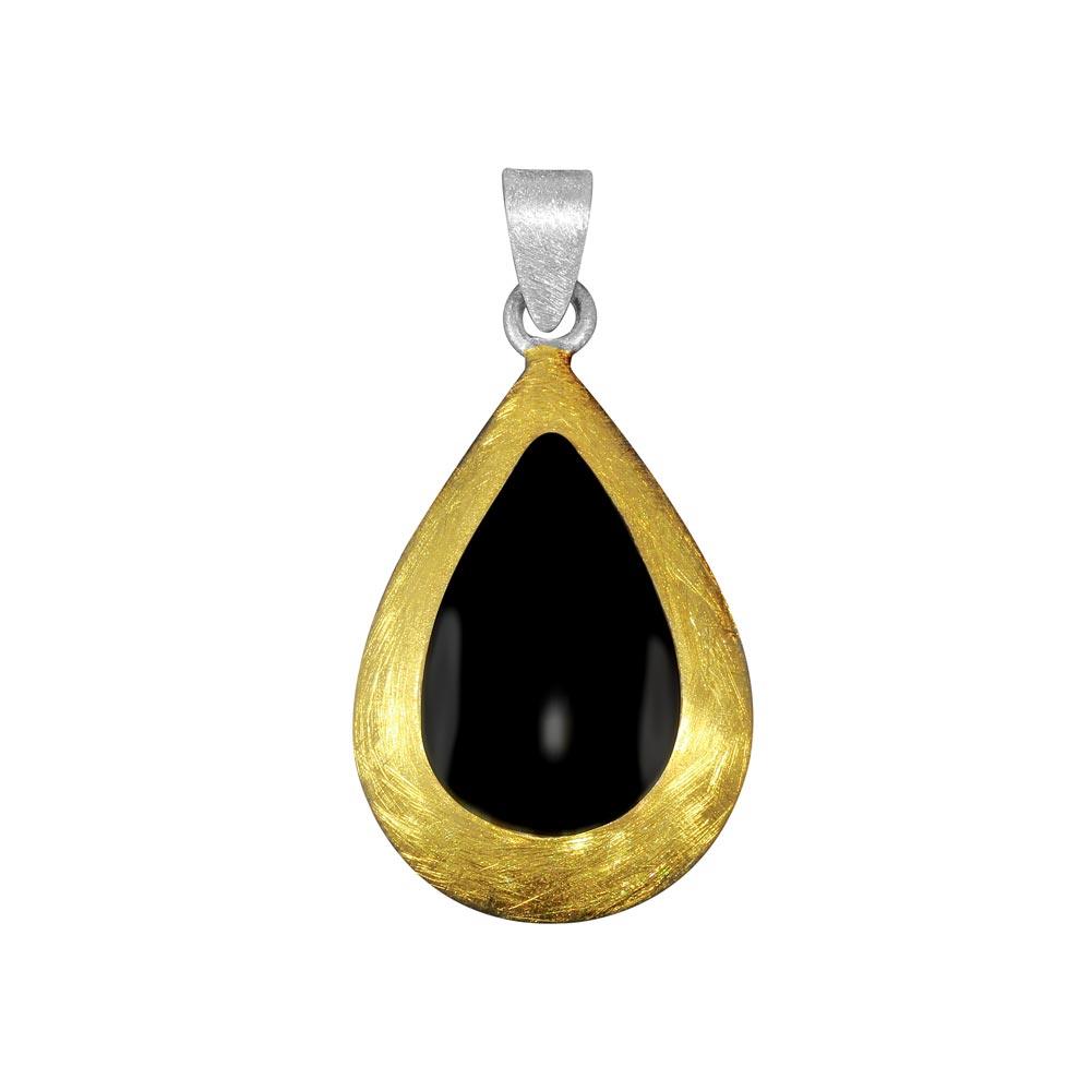 Sterling Silver Two-Toned Gold Plated Teardrop Pendant Black Charm