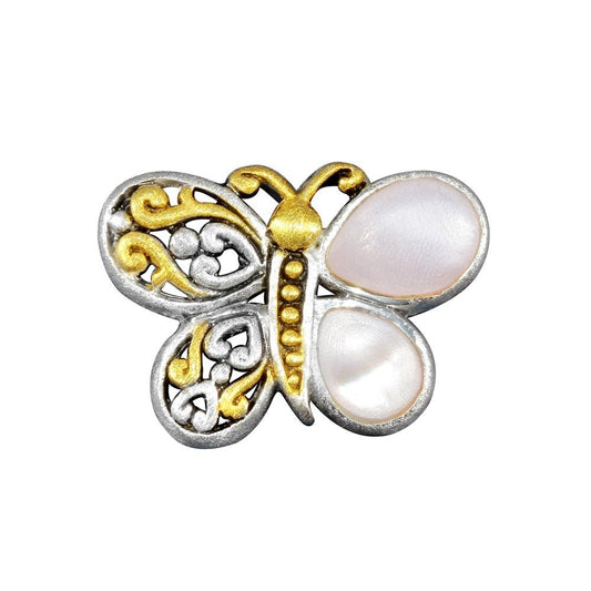 Sterling Silver Matte Finish Filigree Pink Simulated Pearl Butterfly Pendant