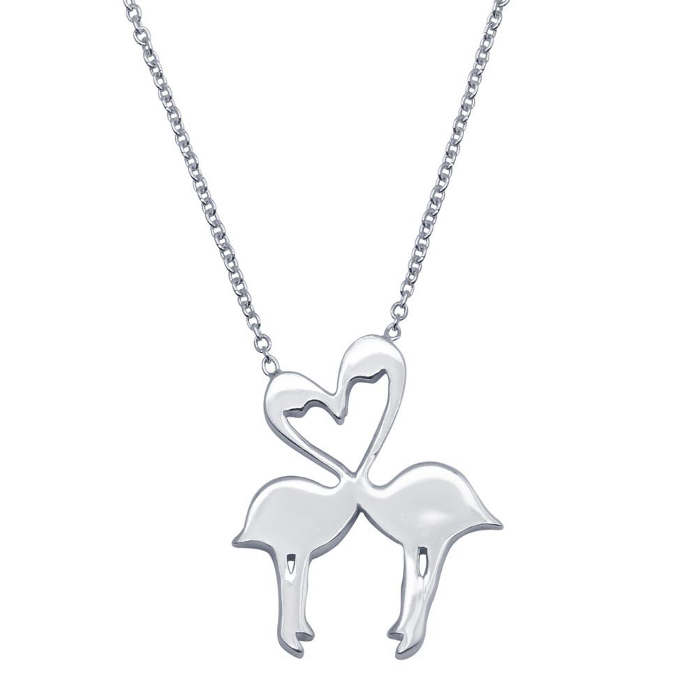 Rhodium Plated 925 Sterling Silver Flat Flamingo Pendant Heart Love Necklace