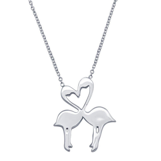 Rhodium Plated 925 Sterling Silver Flat Flamingo Pendant Heart Love Necklace