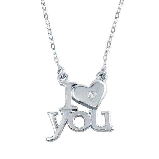 Rhodium Plated 925 Sterling Silver CZ I Heart You Love Girlfriend Wife Necklace