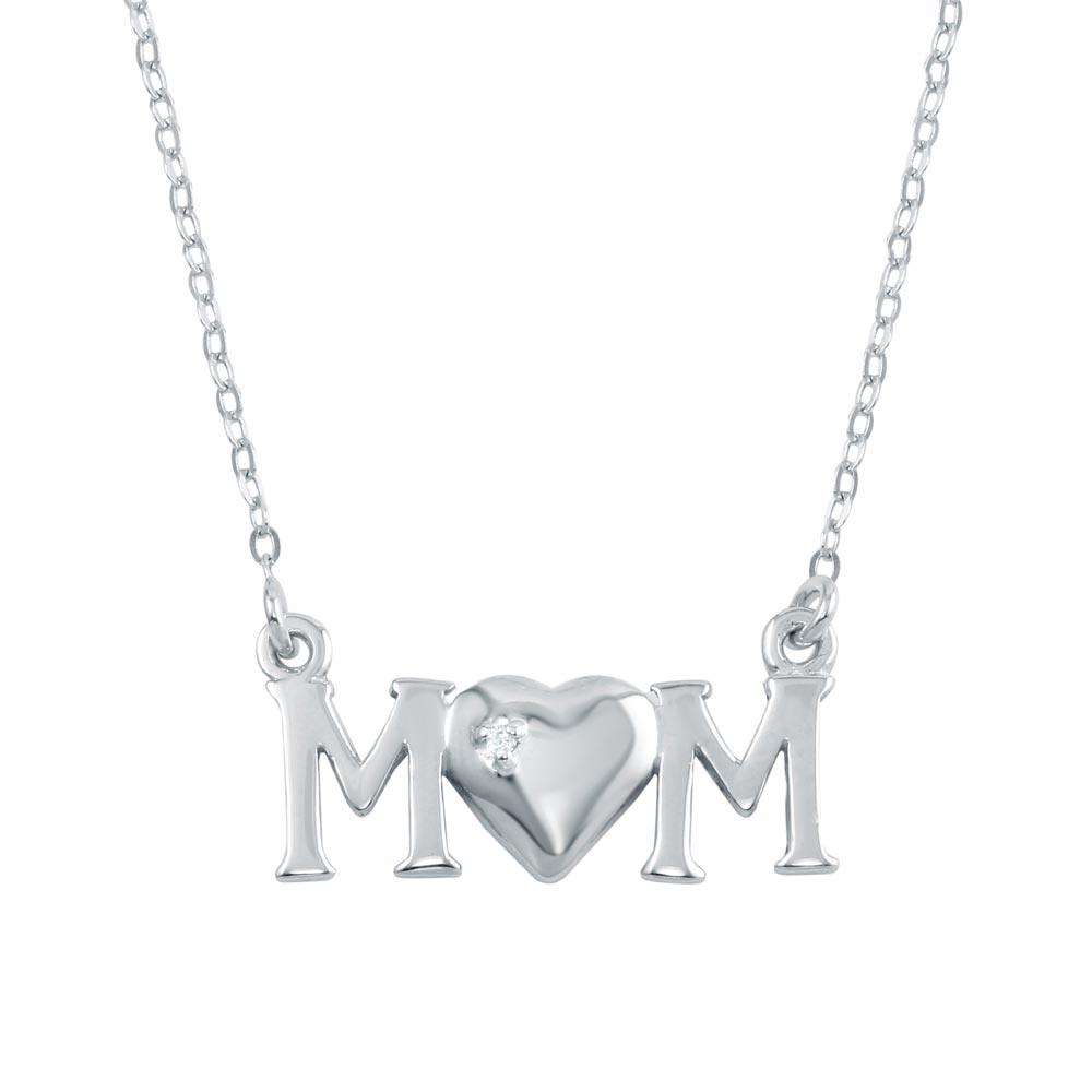 Rhodium Plated 925 Sterling Silver CZ MOM Chain Pendant Heart Love Necklace