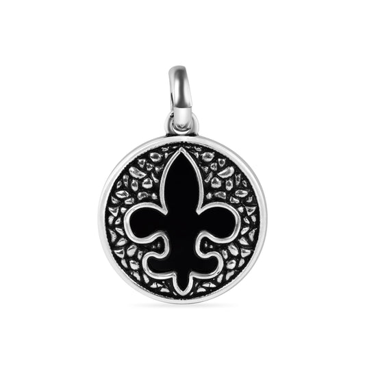 Oxidized 925 Sterling Silver Disc Fleur De Lis Medallion Round Charm Pendant