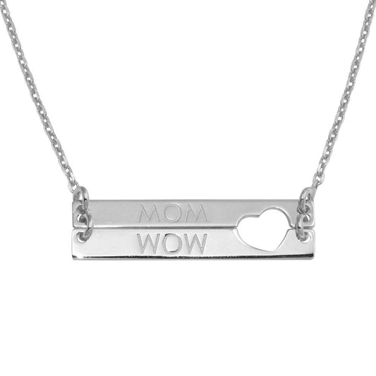 Rhodium Plated 925 Sterling Silver Bar Open Heart MOM Mother WOW Love Necklace