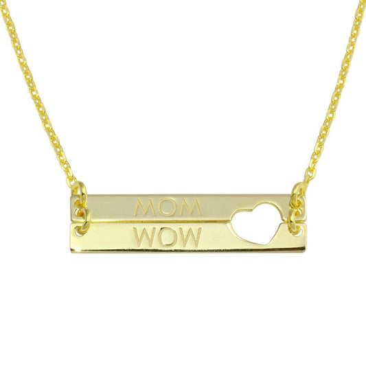 Gold Plated 925 Sterling Silver Bar Open Heart MOM WOW Mother Wife Word Necklace