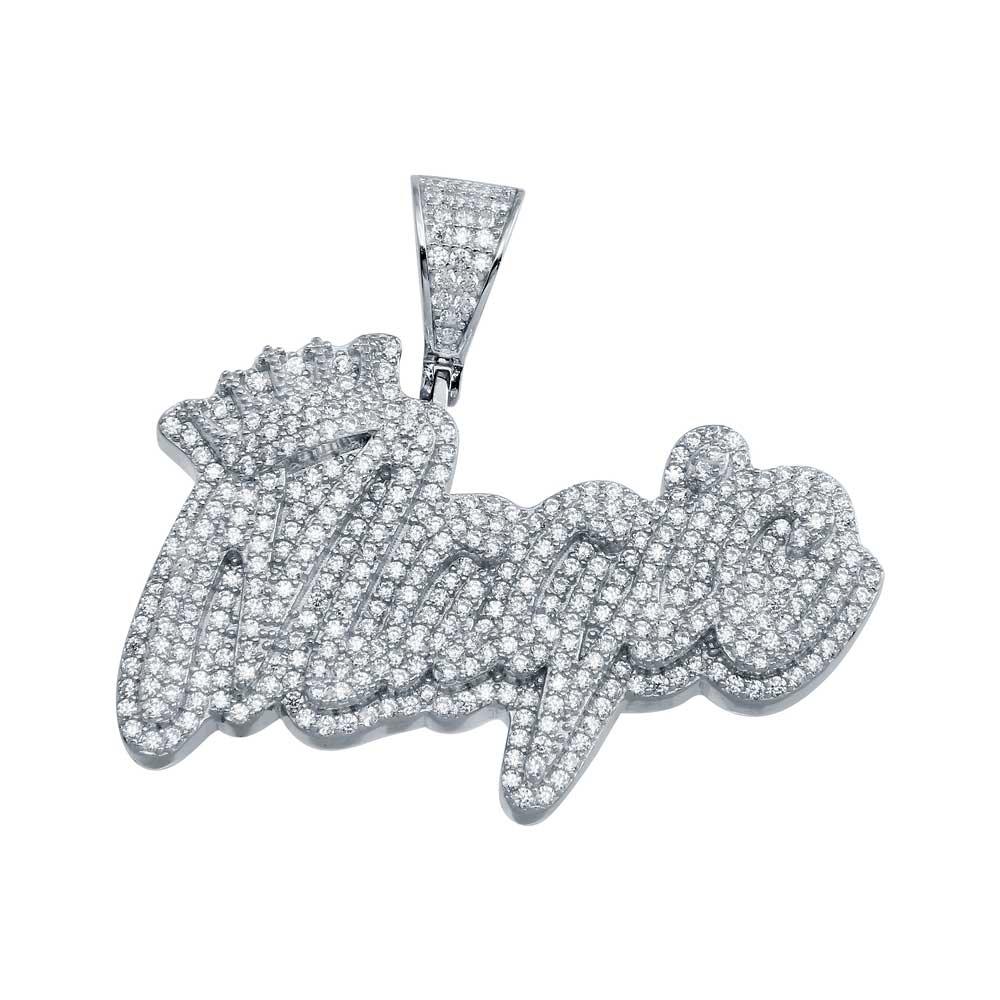 Rhodium Plated 925 Sterling Silver CZ Crown Magic Hip Hop Word Script Pendant