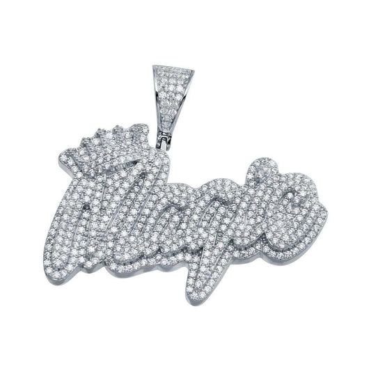 Rhodium Plated 925 Sterling Silver CZ Crown Magic Hip Hop Word Script Pendant