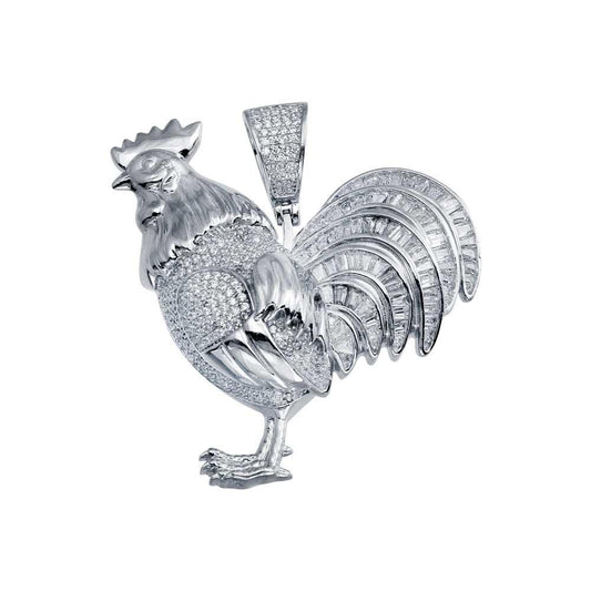 Rhodium Plated 925 Sterling Silver CZ Rooster Hip Hop Pendant Farm Animal Charm