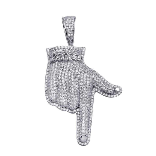 Rhodium Plated 925 Sterling Silver CZ Pointed Finger Hip Hop Pendant