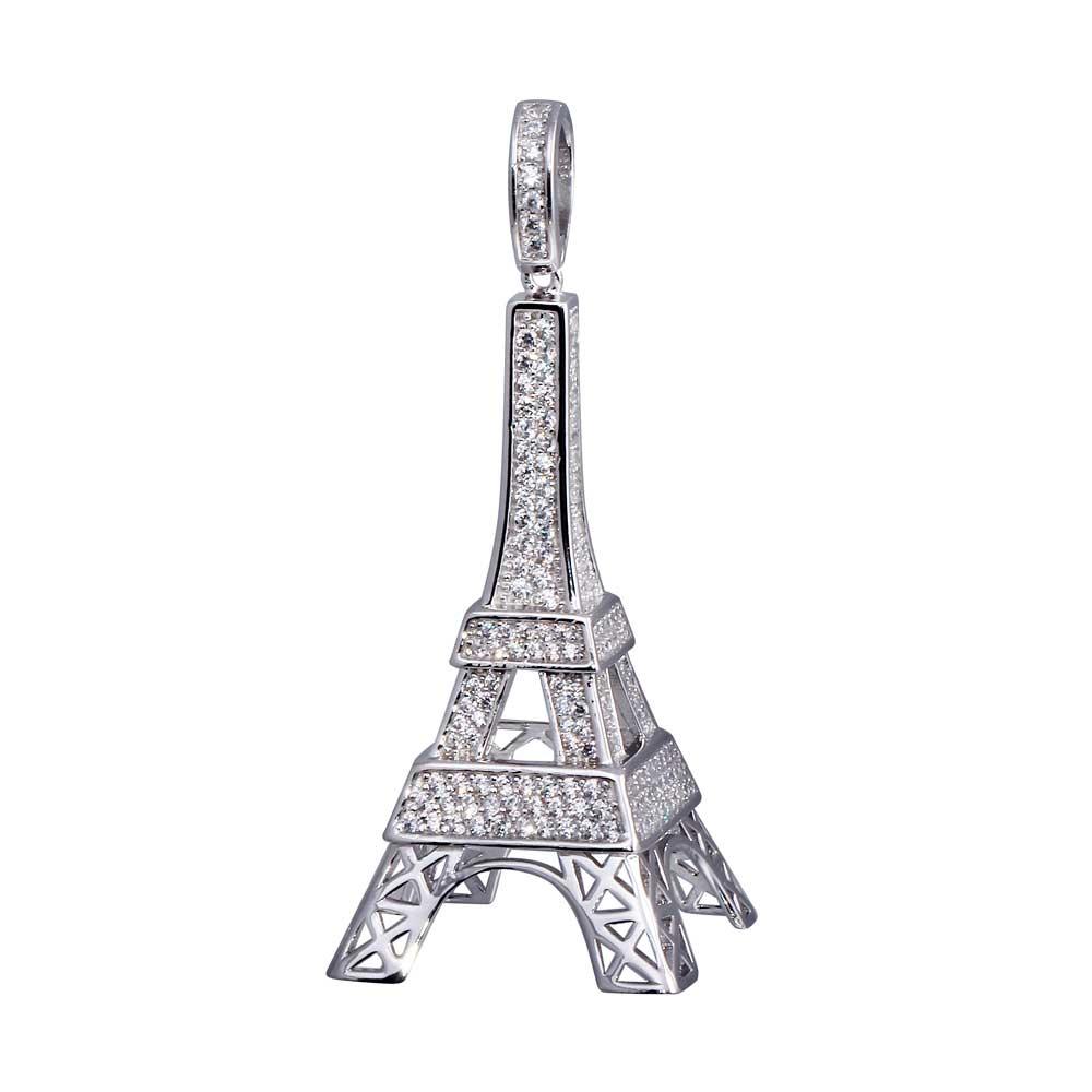 Rhodium Plated 925 Sterling Silver CZ Eiffel Tower Hip Hop Paris Charm Pendant