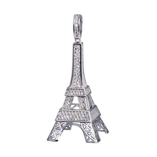 Rhodium Plated 925 Sterling Silver CZ Eiffel Tower Hip Hop Paris Charm Pendant