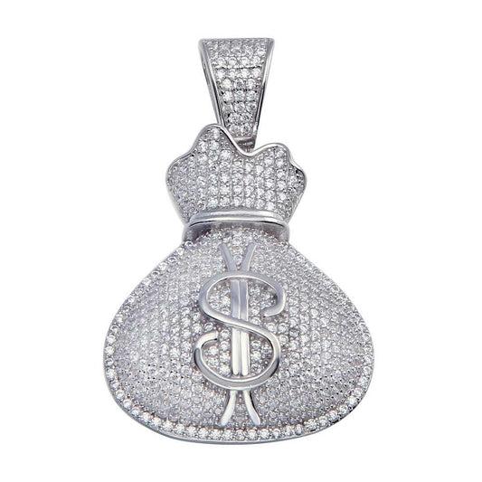 Rhodium Plated 925 Sterling Silver CZ Money Bag Hip Hop Cash $ Sack Rich Pendant