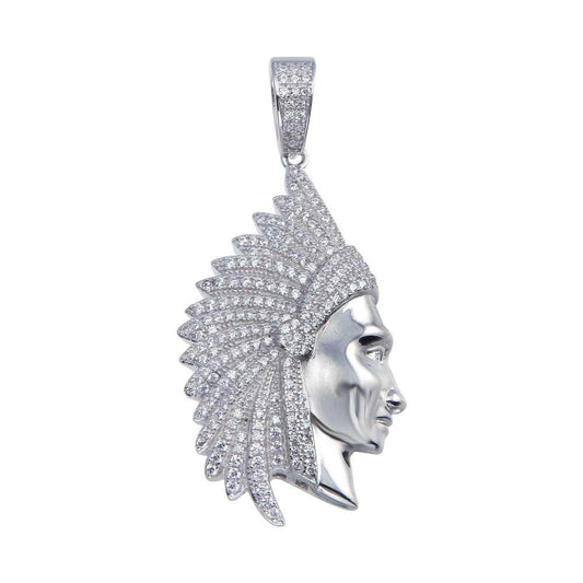 Rhodium Plated 925 Sterling Silver CZ Native American Chief Hip Hop Pendant