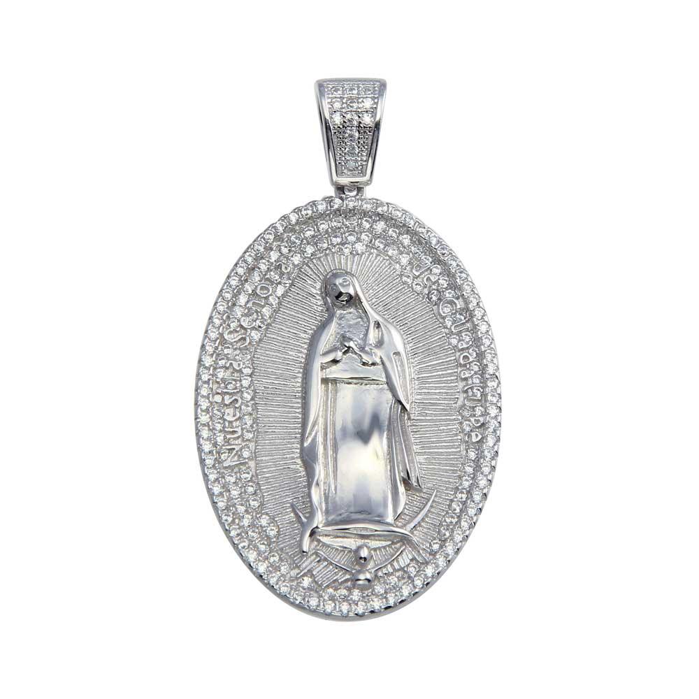 Rhodium Plated 925 Sterling Silver CZ Lady of Guadalupe Hip Hop Catholic Pendant