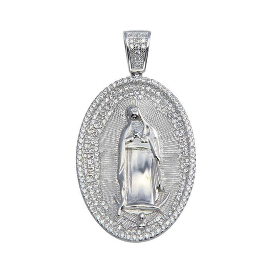 Rhodium Plated 925 Sterling Silver CZ Lady of Guadalupe Hip Hop Catholic Pendant