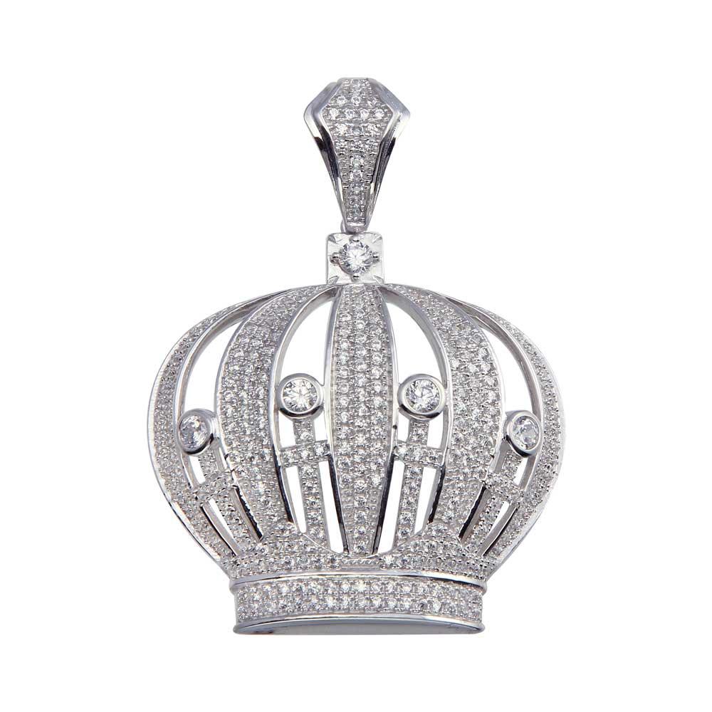 Rhodium Plated 925 Sterling Silver Clear CZ Crown Hip Hop Pendant Royal Charm