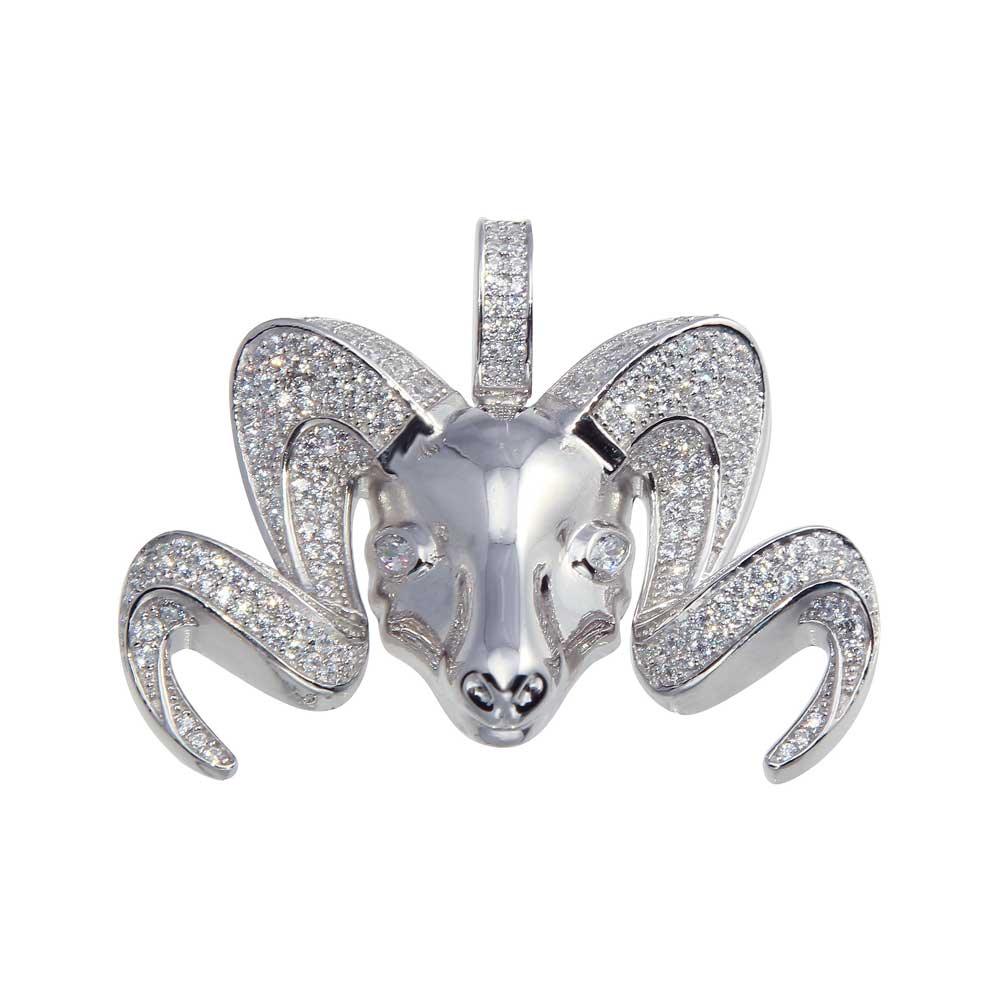Rhodium Plated 925 Sterling Silver CZ Ram Head Hip Hop Pendant Animal Charm