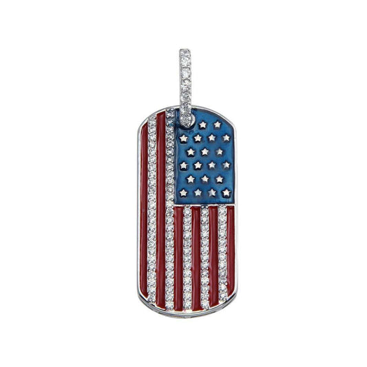 Rhodium Plated 925 Sterling Silver CZ American USA Flag Dog Tag Hip Hop Pendant