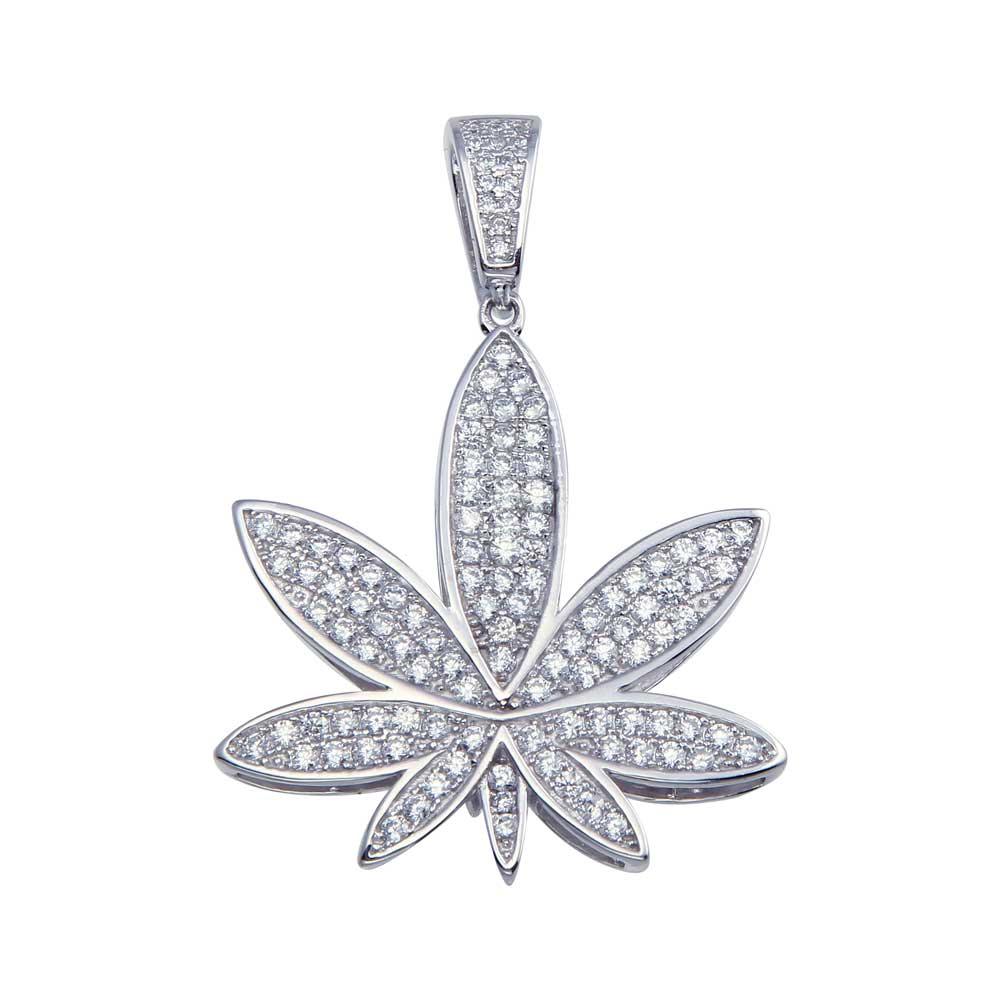 Rhodium Plated 925 Sterling Silver CZ Marijuana Hip Hop Plant Weed Pot Pendant