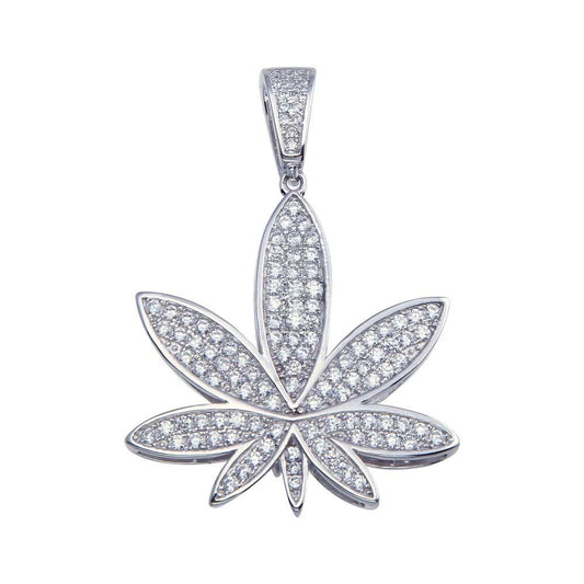 Rhodium Plated 925 Sterling Silver CZ Marijuana Hip Hop Plant Weed Pot Pendant