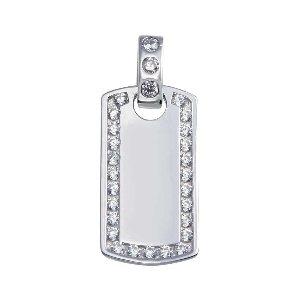 Rhodium Plated 925 Sterling Silver CZ Dog Tag Hip Hop Pendant Flat Charm