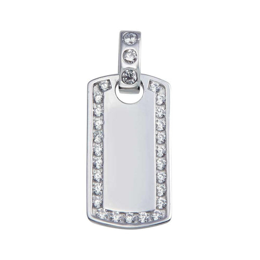 Rhodium Plated 925 Sterling Silver CZ Dog Tag Hip Hop Pendant Flat Charm