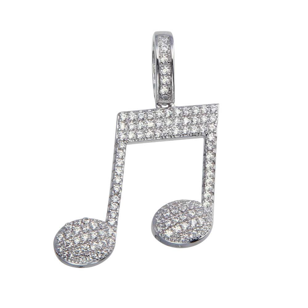 Rhodium Plated 925 Sterling Silver CZ Music Note Hip Hop Song Melody Pendant