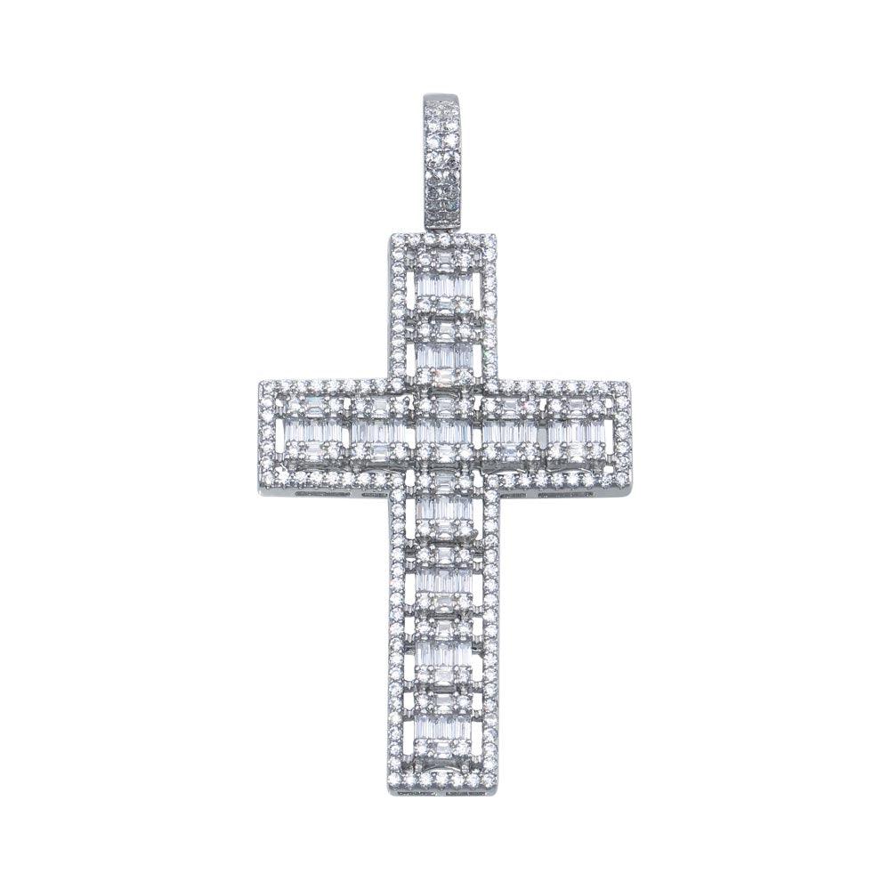Rhodium Plated 925 Sterling Silver CZ Baguette Cross Hip Hop Christian Pendant