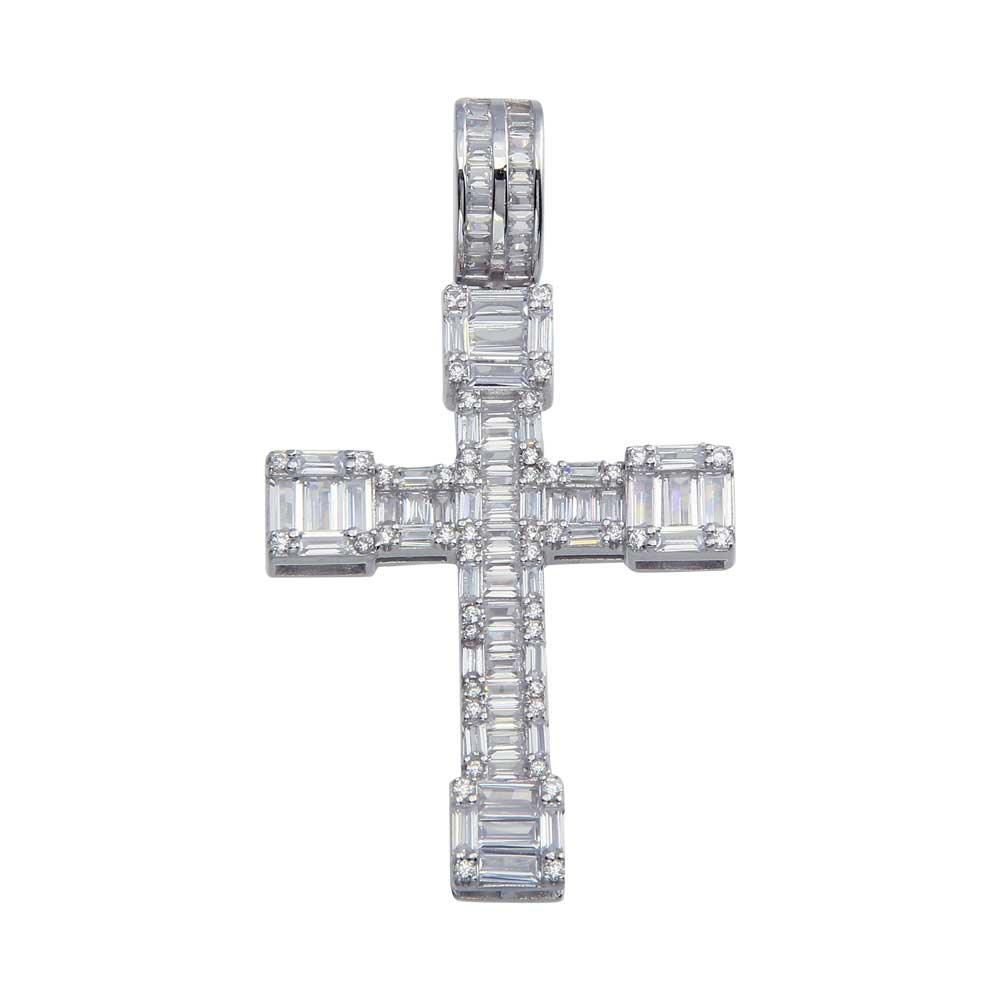 Rhodium Plated 925 Sterling Silver CZ Border Baguette Cross Hip Hop Pendant