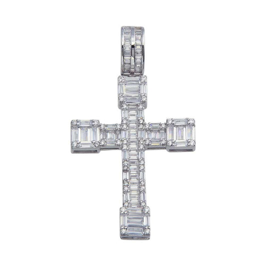 Rhodium Plated 925 Sterling Silver CZ Border Baguette Cross Hip Hop Pendant