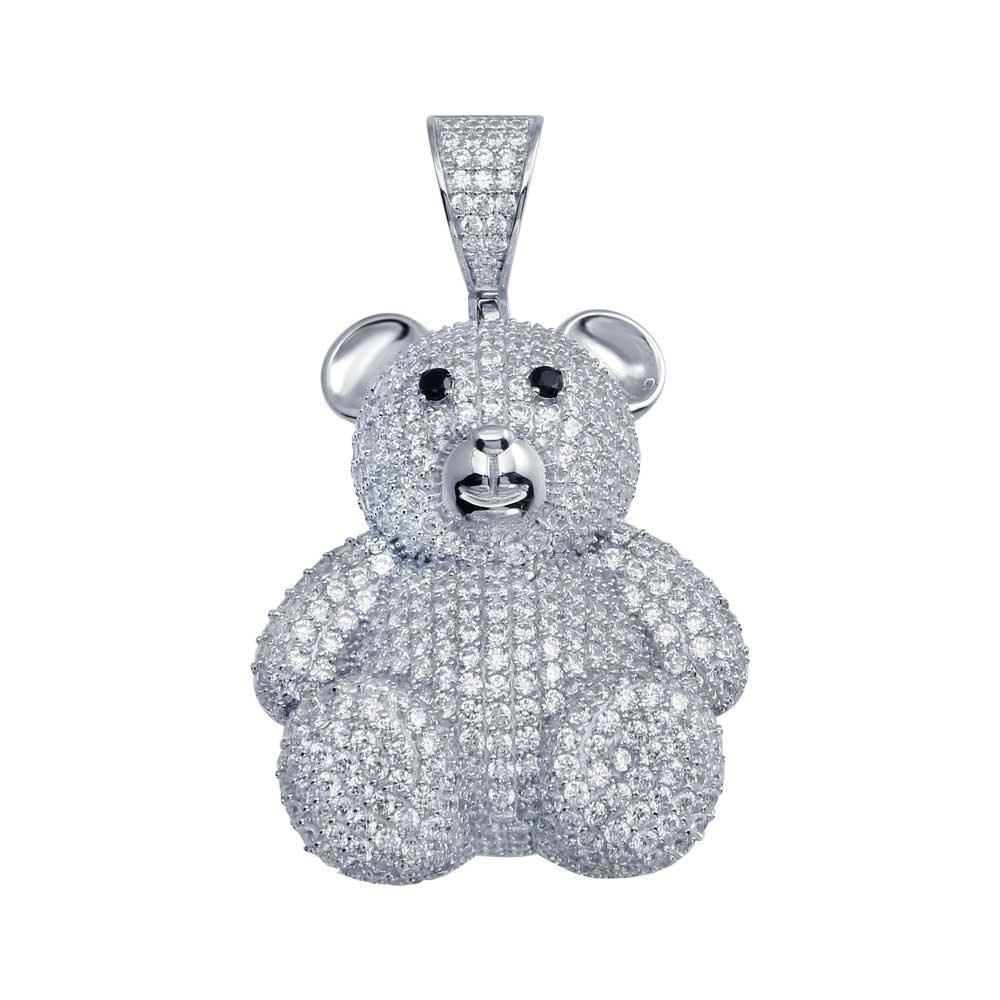 Rhodium Plated 925 Sterling Silver CZ Teddy Bear Hip Hop Animal Cute Pendant