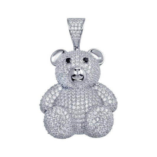 Rhodium Plated 925 Sterling Silver CZ Teddy Bear Hip Hop Animal Cute Pendant