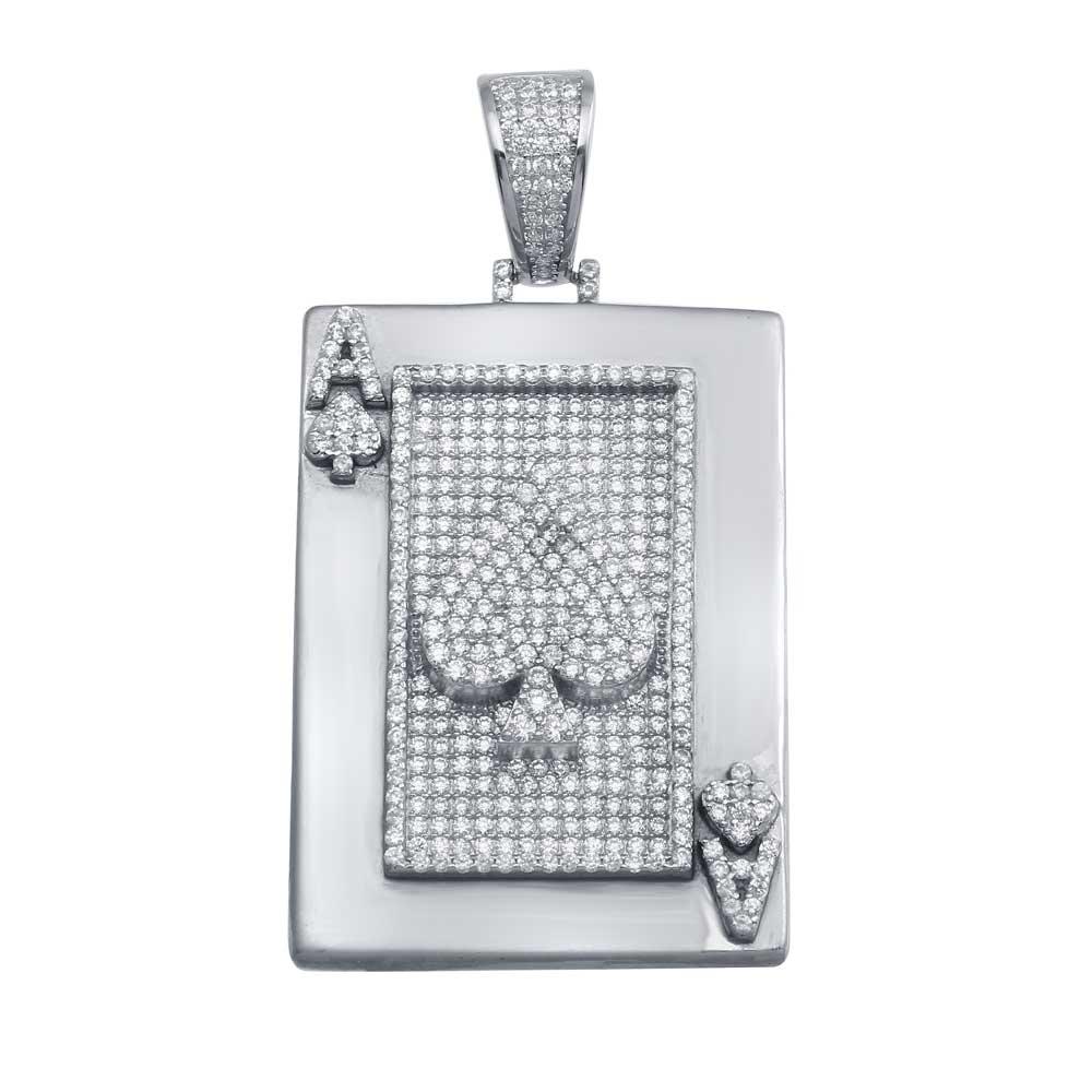 Rhodium Plated 925 Sterling Silver CZ Ace of Spade Hip Hop Poker Cards Pendant