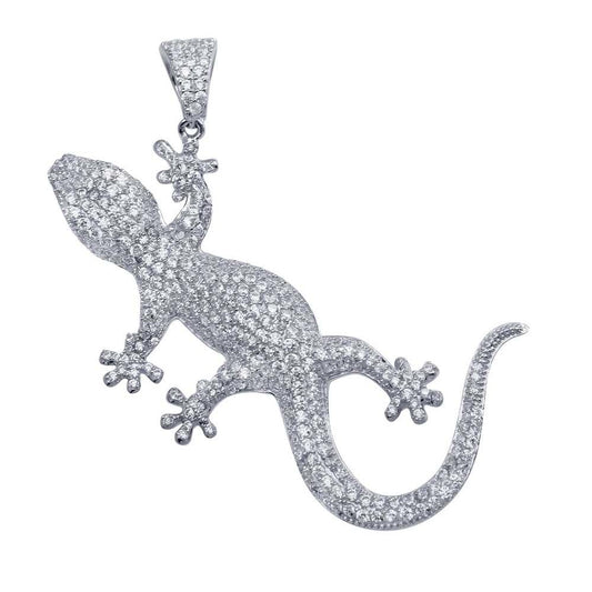 Rhodium Plated 925 Sterling Silver CZ Lizard Hip Hop Pendant Animal Gecko Charm