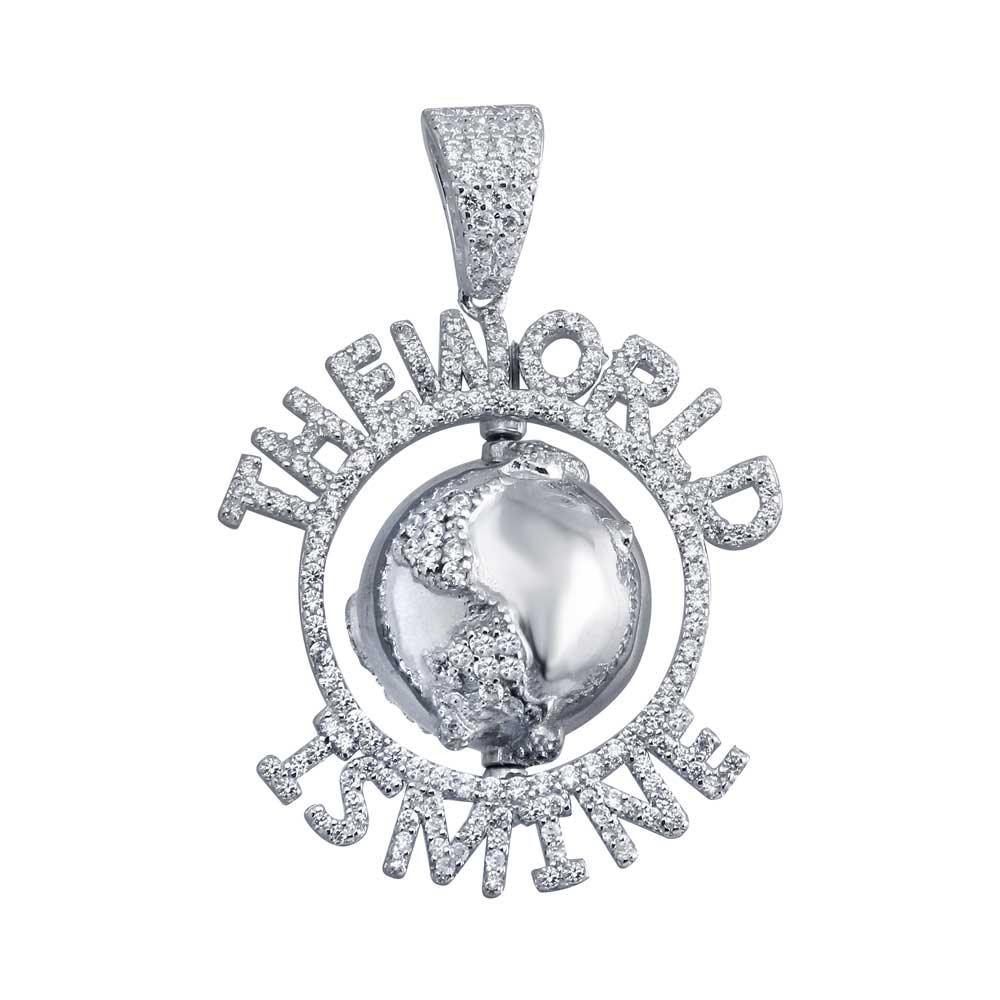 Rhodium Plated 925 Sterling Silver CZ Globe Hip Hop THE WORLD IS MINE Pendant